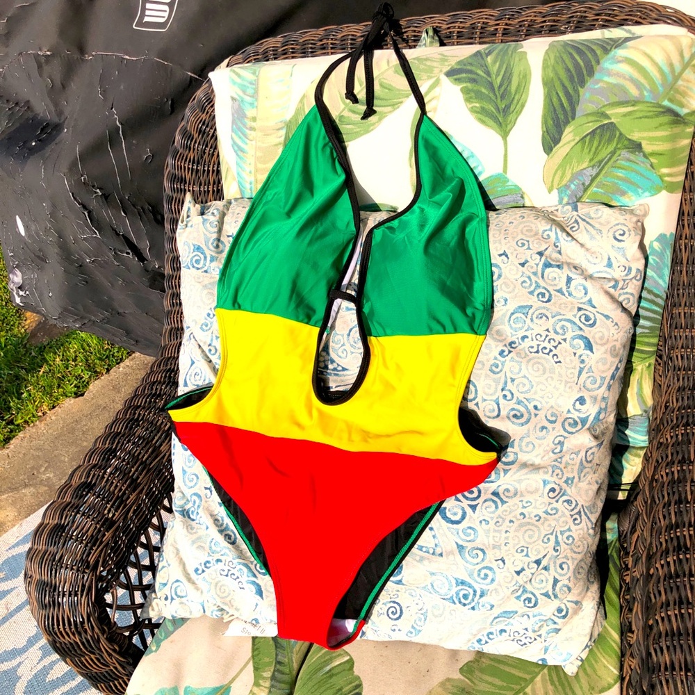 Island Wear Striped one piece halter swimsuit green yellow red XL